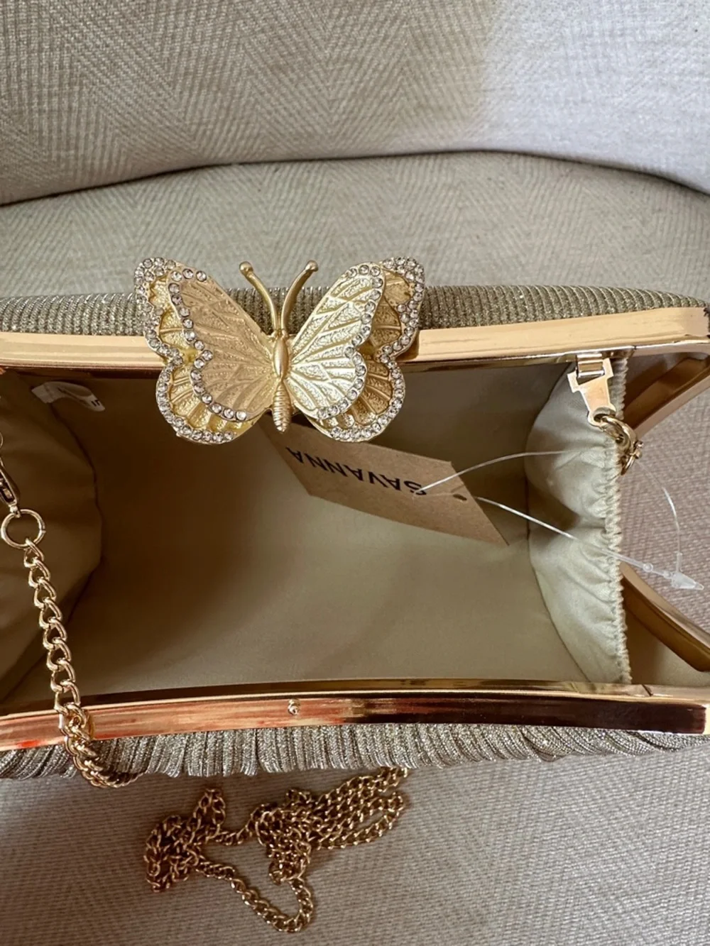 Savannah Gold Pleated Clutch with Butterfly Accent and chain